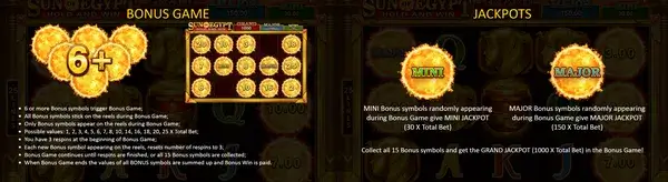 Sun of Egypt Hold and Win bonus round with sun coins filling the reels and jackpot indicators